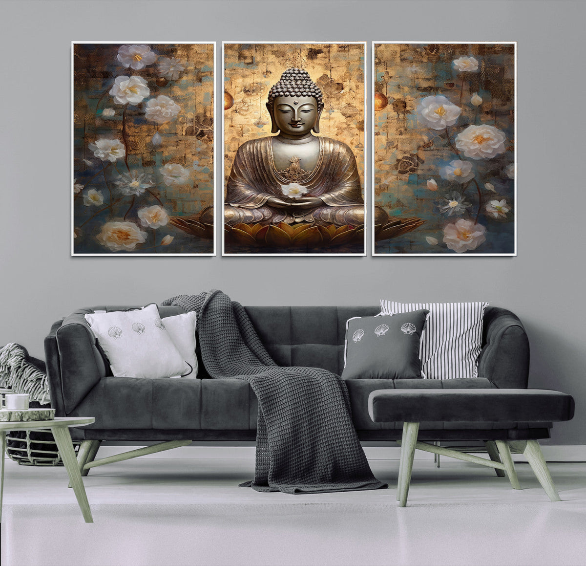 Golden Buddha Wall Art Canvas Print | Zen Meditation Floral