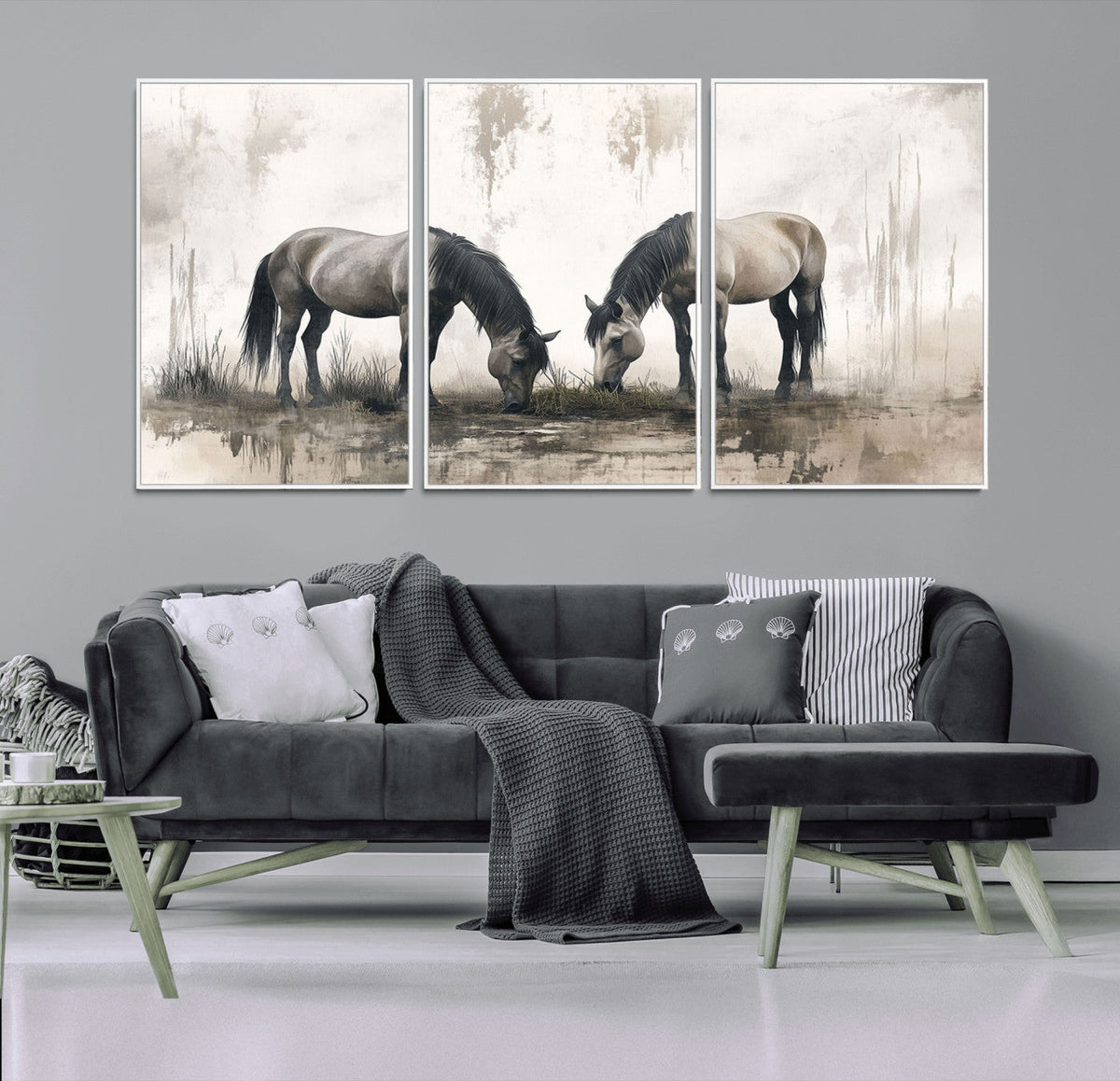 Chines Ink Style Vintage Horses Wall Art Canvas Print for