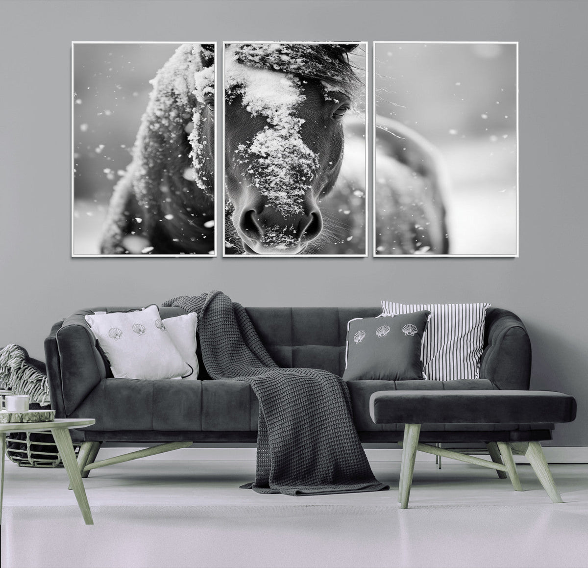 Black and White Horse Winter Wall Art | Ready to Hang and