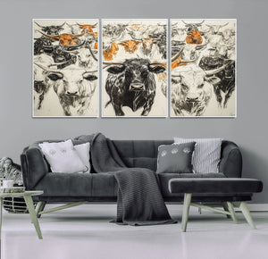 Farmhouse Wall Art | Western Longhorn Cattle Canvas Print |