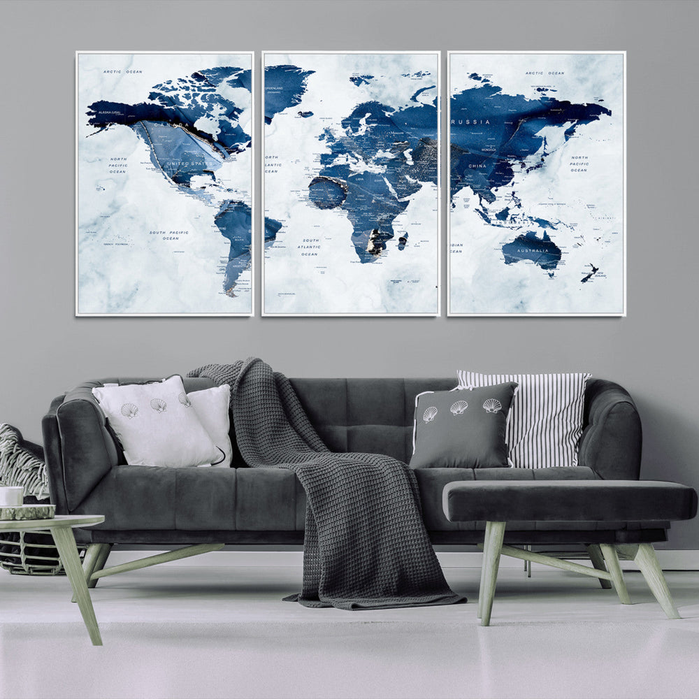 Modern Blue World Map Canvas Print – Framed Wall Art,