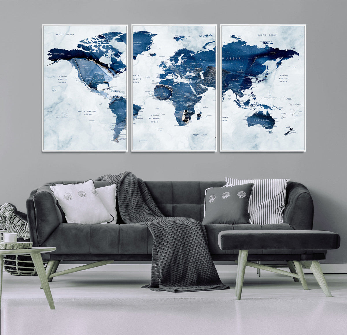Modern Blue World Map Canvas Print – Framed Wall Art,