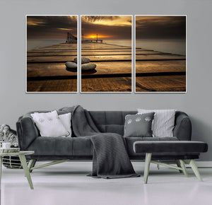 Stones on Wooden Pier at Sunset Canvas Print, Serene Coastal