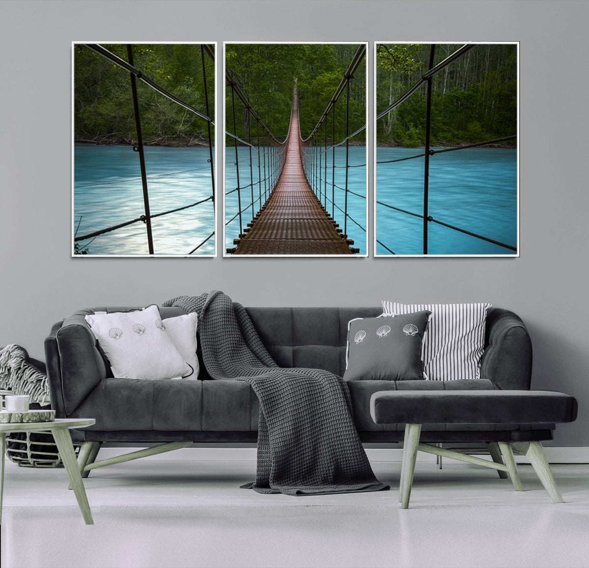 Suspension Bridge Over River Canvas Art | 3-Panel Nature