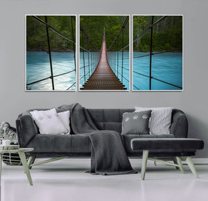 Suspension Bridge Over River Canvas Art | 3-Panel Nature