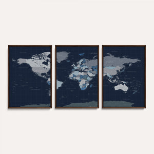 Blue Detailed World Map Wall Art Canvas Print, Modern Framed