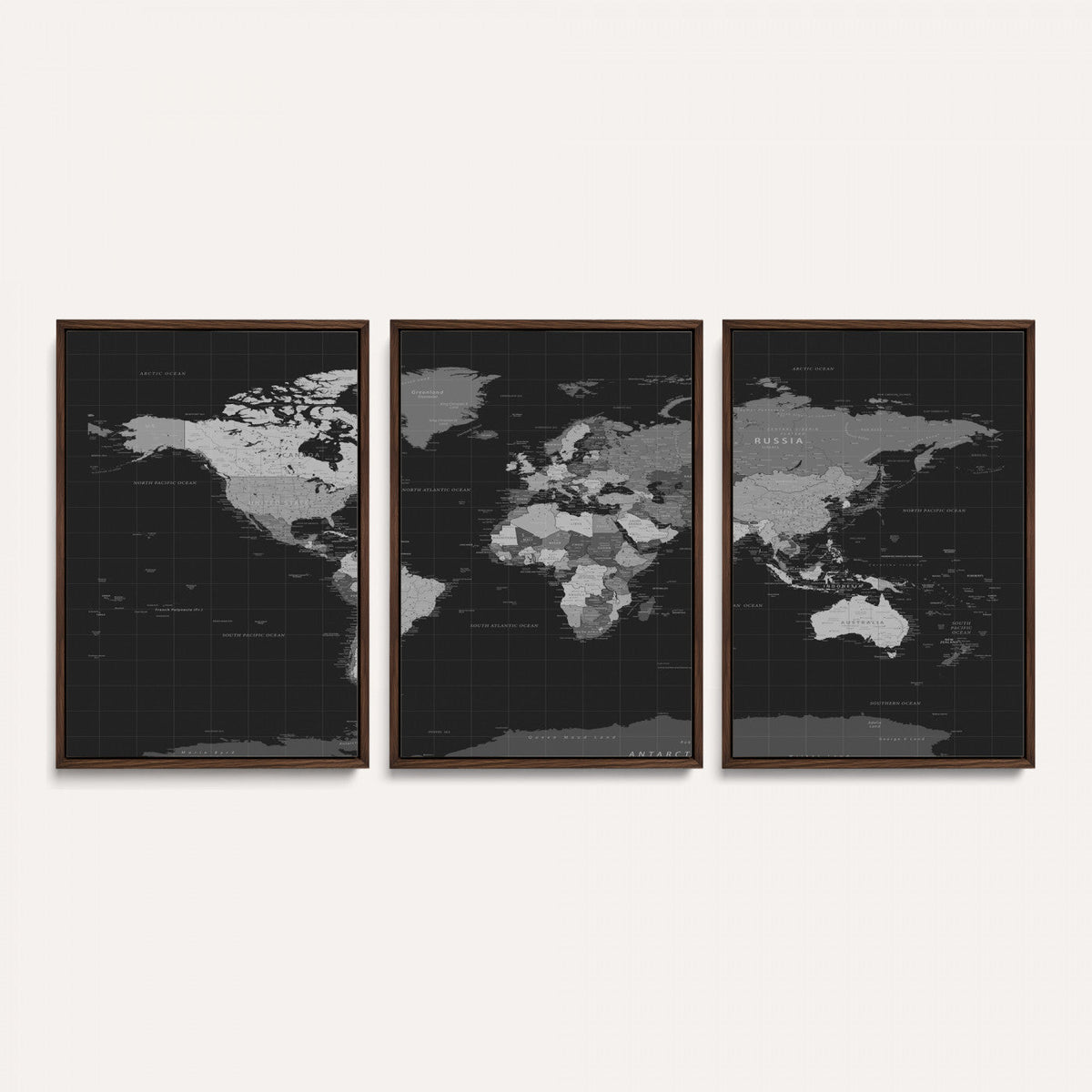 Black World Map Wall Art Canvas Print – Detailed Map of the