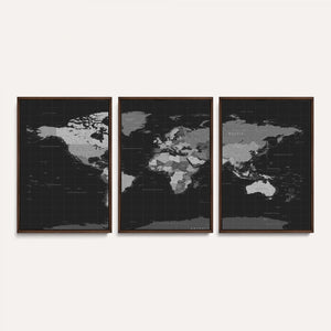 Black World Map Wall Art Canvas Print – Detailed Map of the