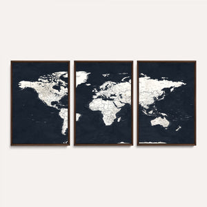 Black World Map Wall Art Canvas Print for Home Office and