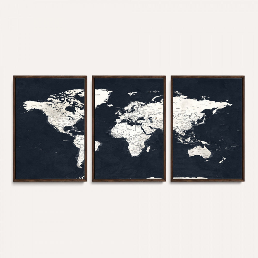 Black World Map Wall Art Canvas Print for Home Office and