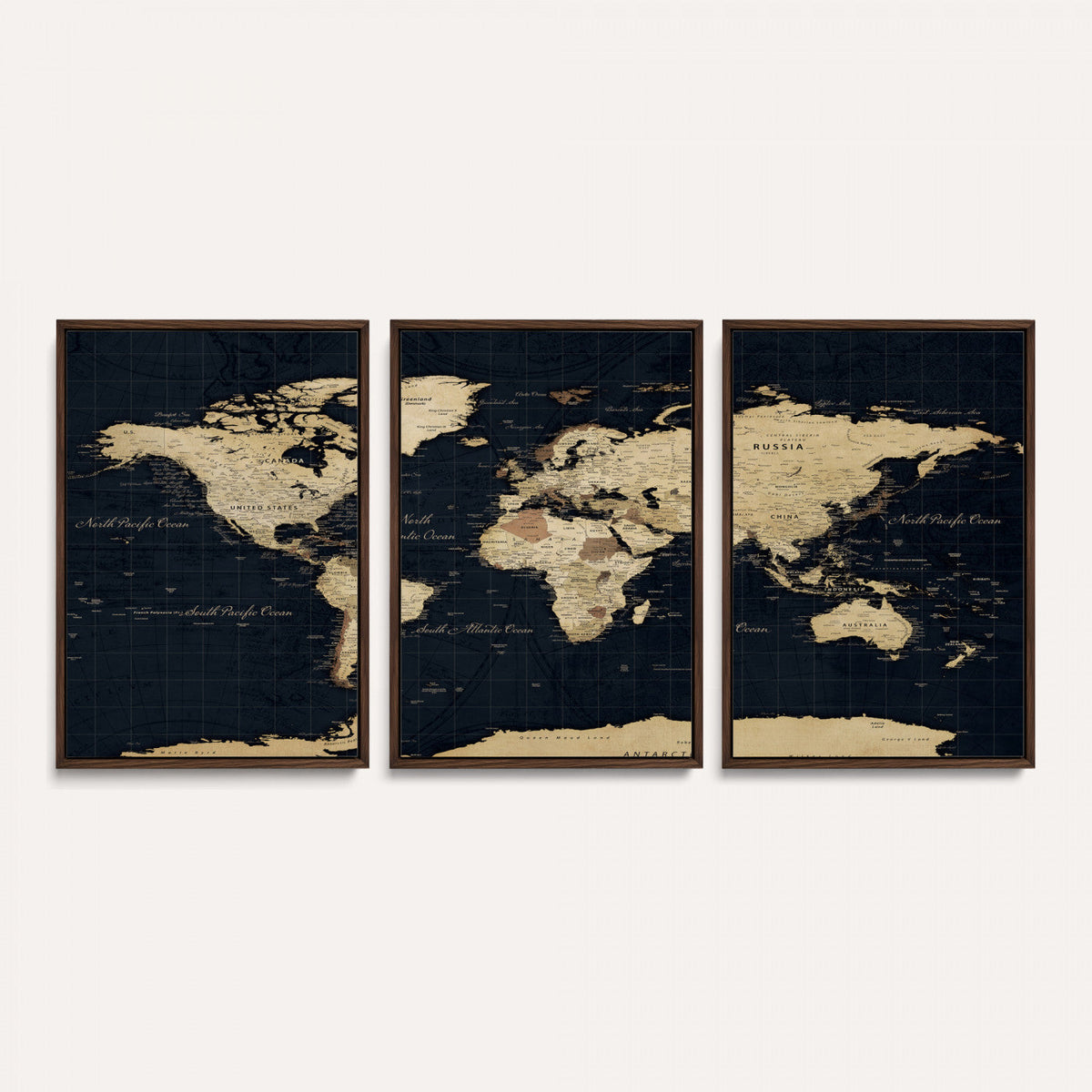 Dark World Map Canvas Wall Art Print, Minimal Black and Gold