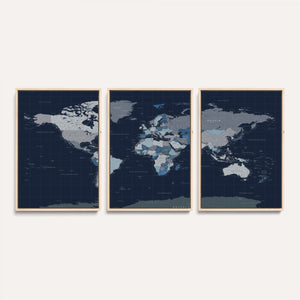 Blue Detailed World Map Wall Art Canvas Print, Modern Framed