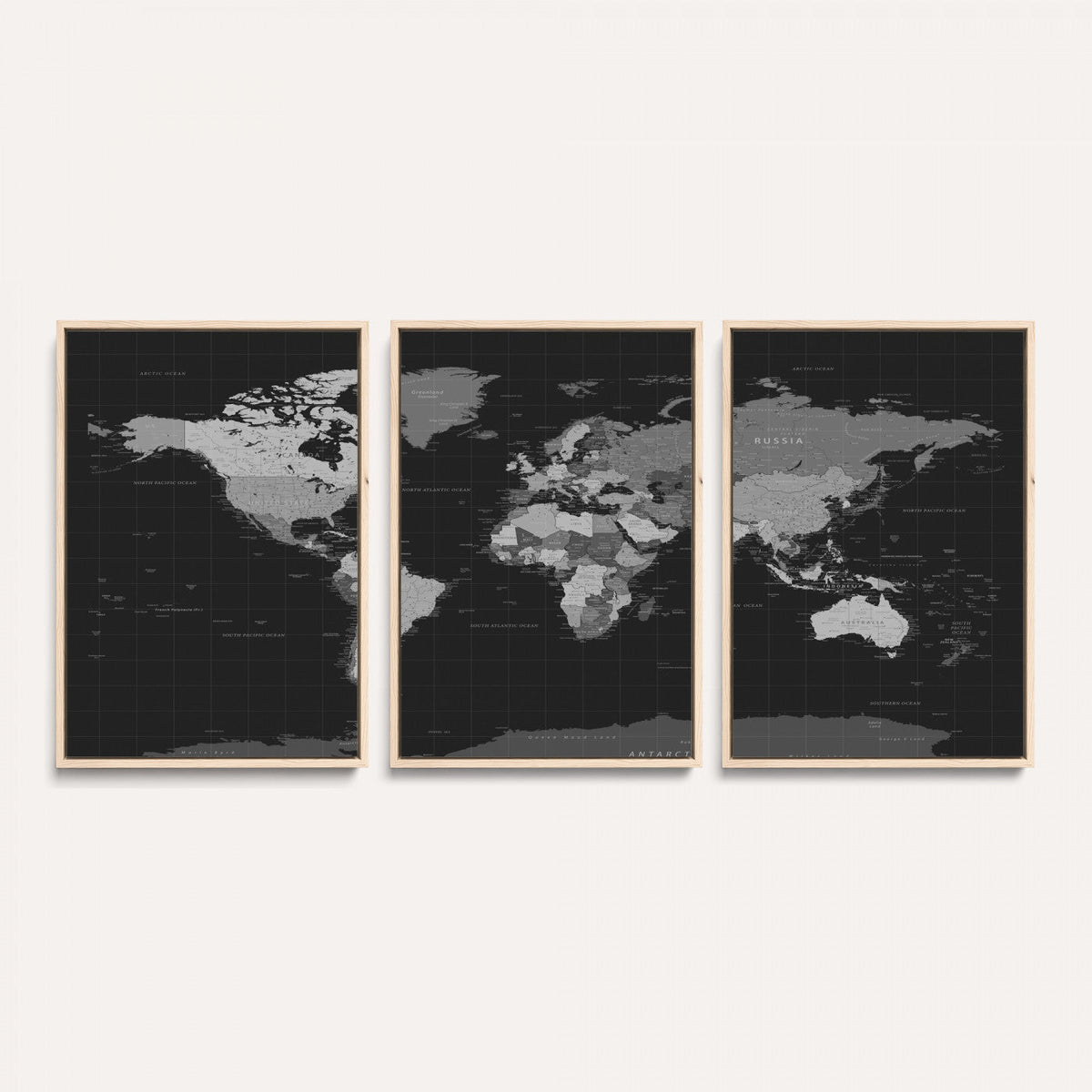 Black World Map Wall Art Canvas Print – Detailed Map of the