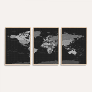 Black World Map Wall Art Canvas Print – Detailed Map of the