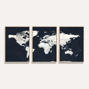 Black World Map Wall Art Canvas Print for Home Office and