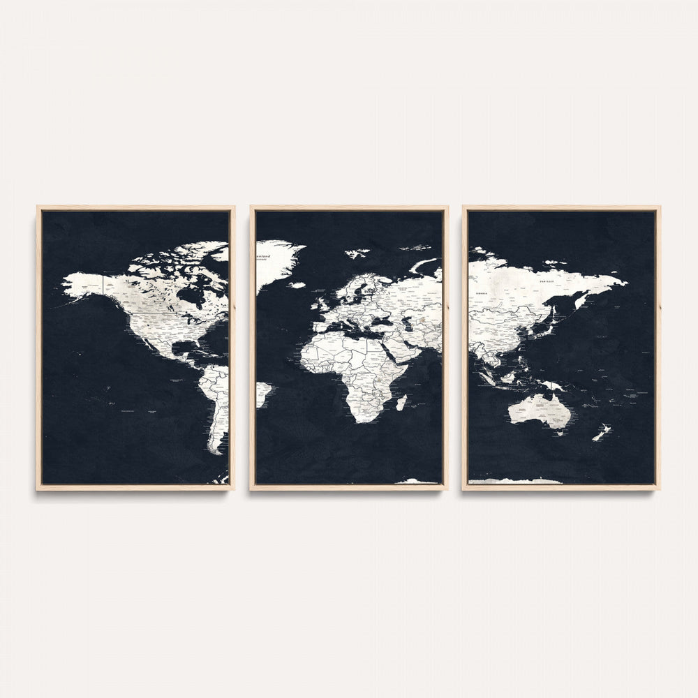 Black World Map Wall Art Canvas Print for Home Office and