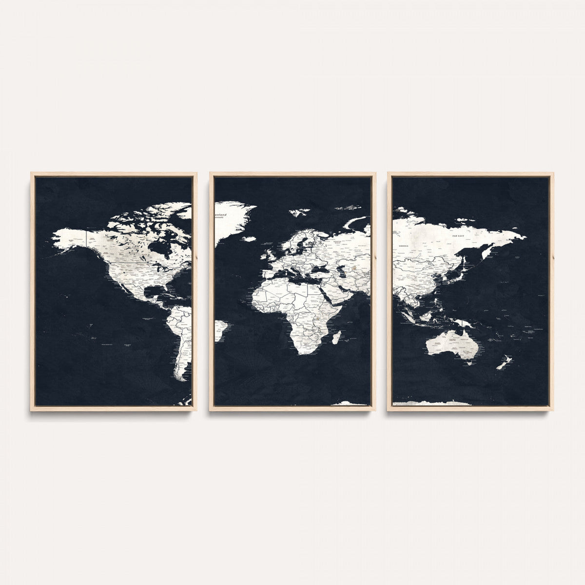Black World Map Wall Art Canvas Print for Home Office and