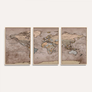 Grunge World Map Canvas Wall Art - Vintage Aged World Map