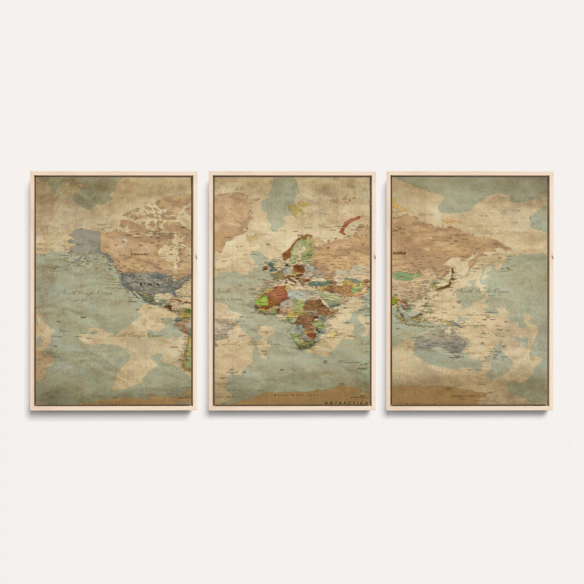 World Map Wall Art Canvas Print, Rustic Map Print, Framed
