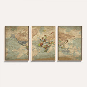 World Map Wall Art Canvas Print, Rustic Map Print, Framed