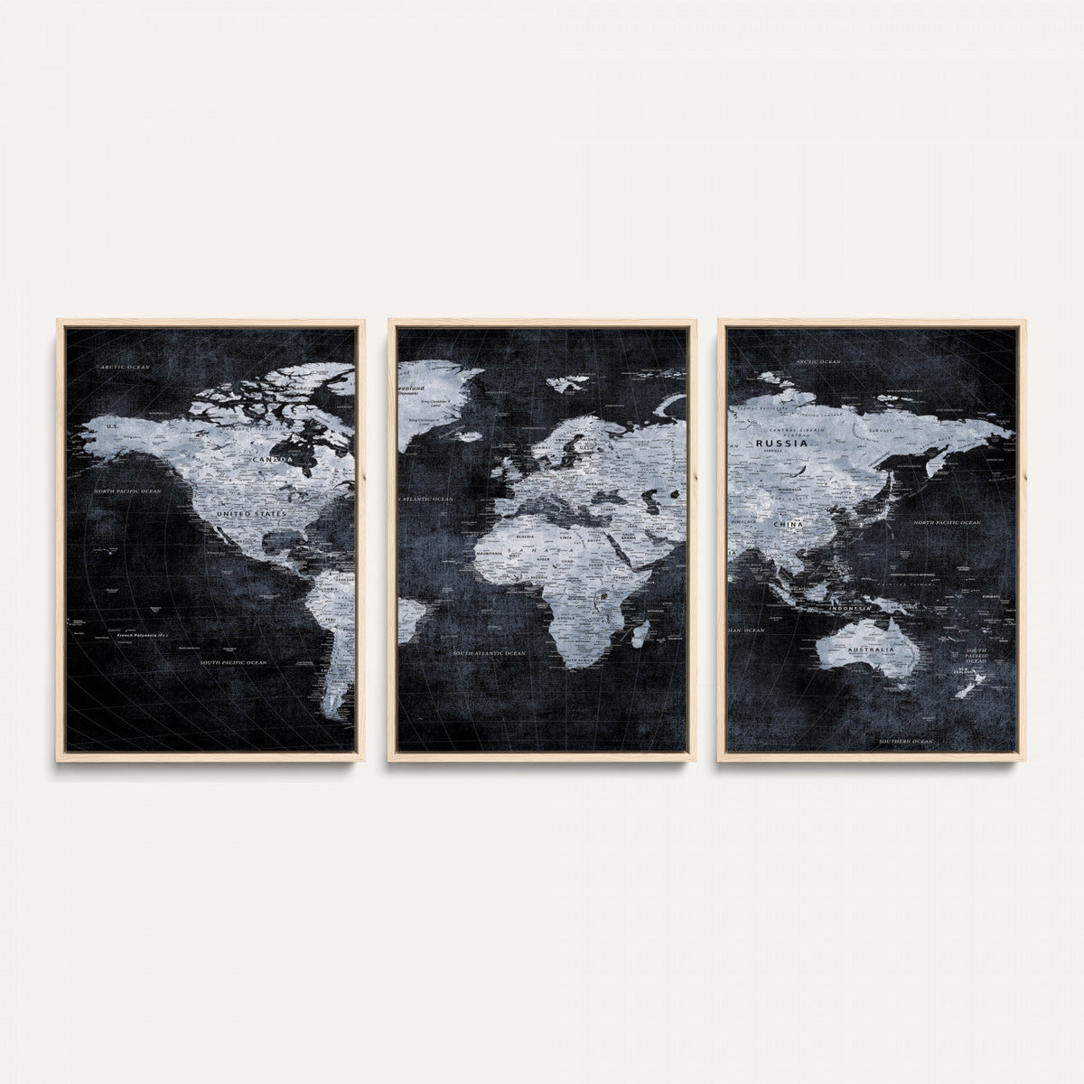 Black World Map Canvas Print – Detailed Map for Couples and