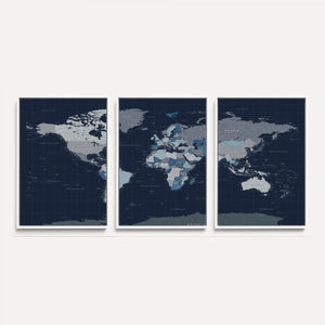 Blue Detailed World Map Wall Art Canvas Print, Modern Framed