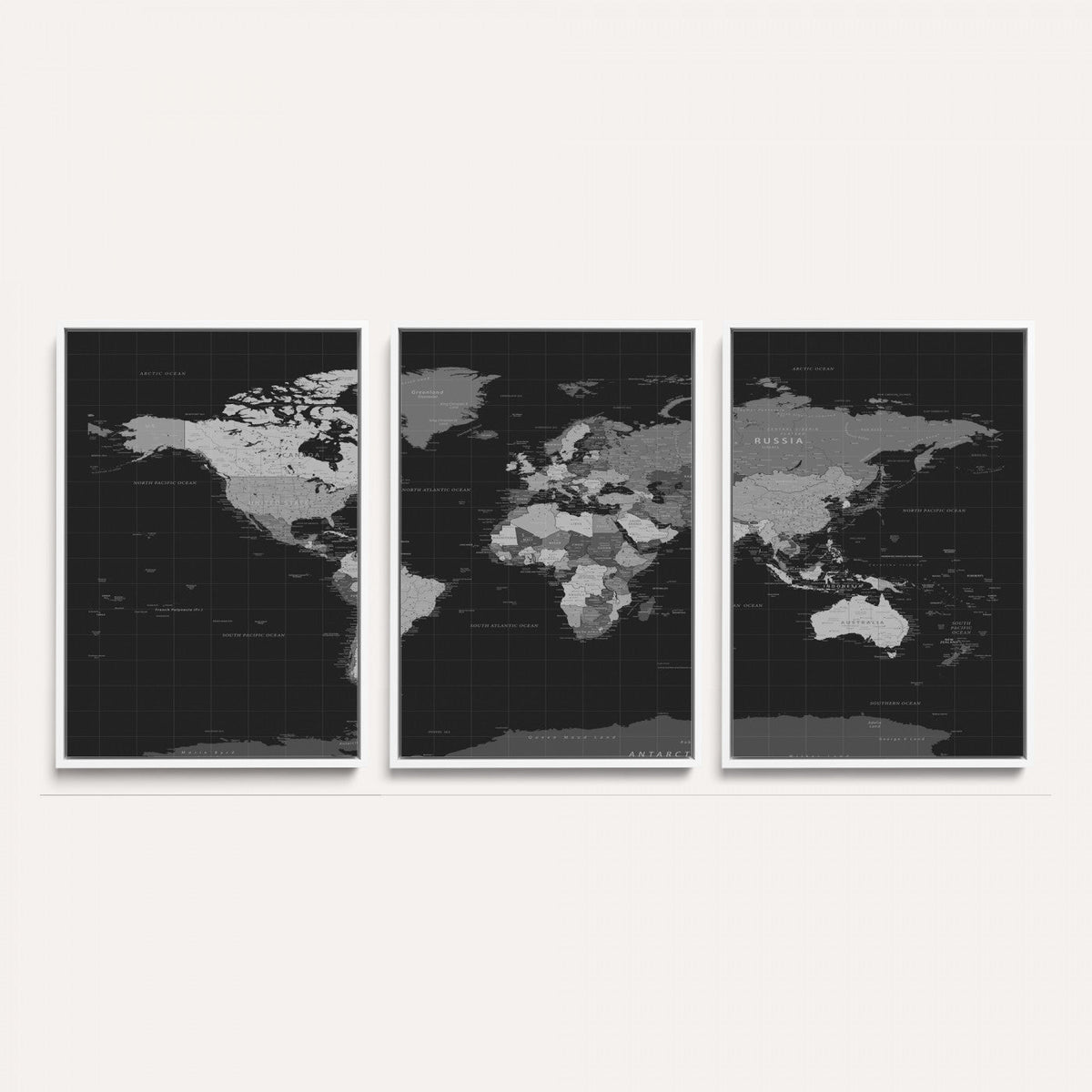 Black World Map Wall Art Canvas Print – Detailed Map of the
