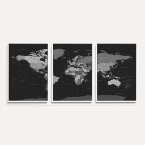Black World Map Wall Art Canvas Print – Detailed Map of the