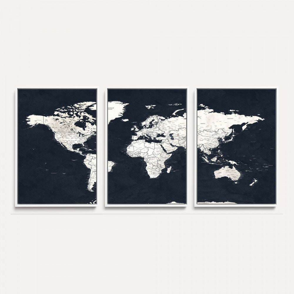 Black World Map Wall Art Canvas Print for Home Office and