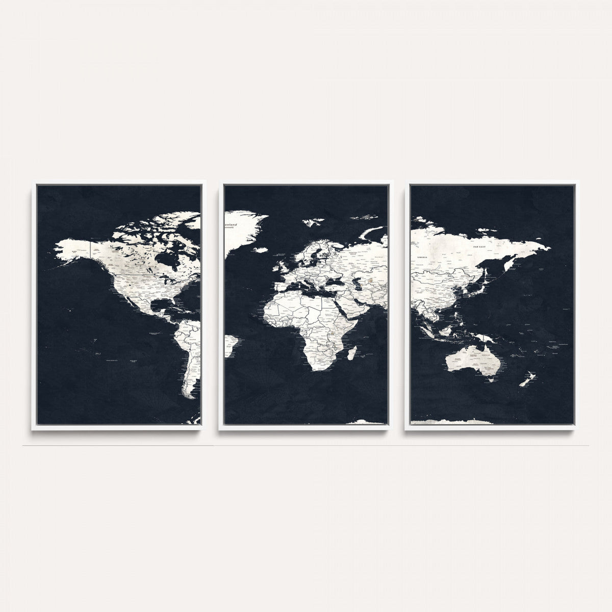 Black World Map Wall Art Canvas Print for Home Office and