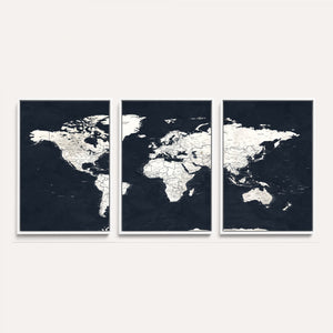 Black World Map Wall Art Canvas Print for Home Office and