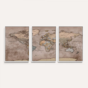 Grunge World Map Canvas Wall Art - Vintage Aged World Map
