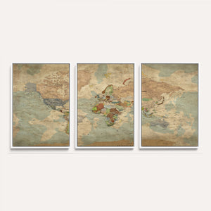 World Map Wall Art Canvas Print, Rustic Map Print, Framed