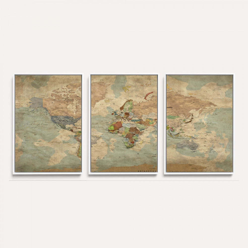 World Map Wall Art Canvas Print, Rustic Map Print, Framed