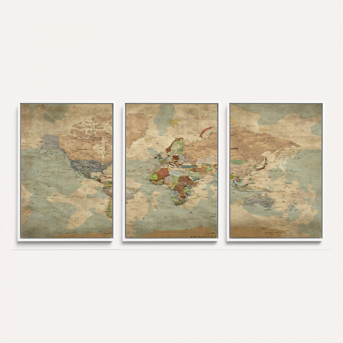 World Map Wall Art Canvas Print, Rustic Map Print, Framed
