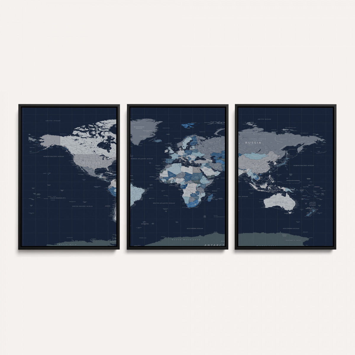Blue Detailed World Map Wall Art Canvas Print, Modern Framed