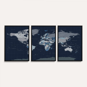 Blue Detailed World Map Wall Art Canvas Print, Modern Framed