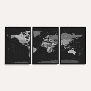 Black World Map Wall Art Canvas Print – Detailed Map of the