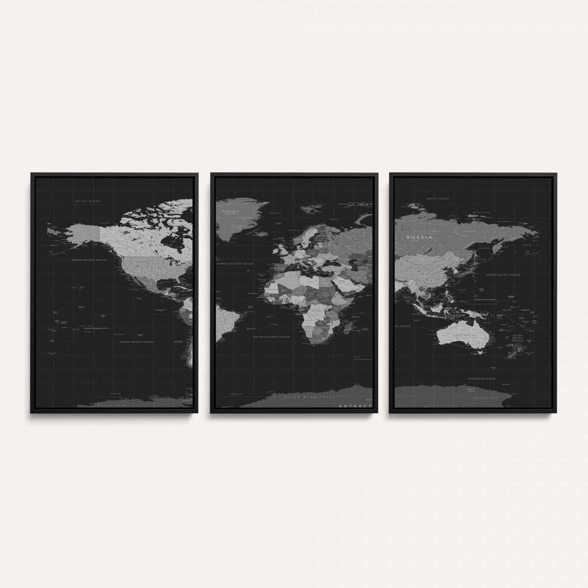 Black World Map Wall Art Canvas Print – Detailed Map of the
