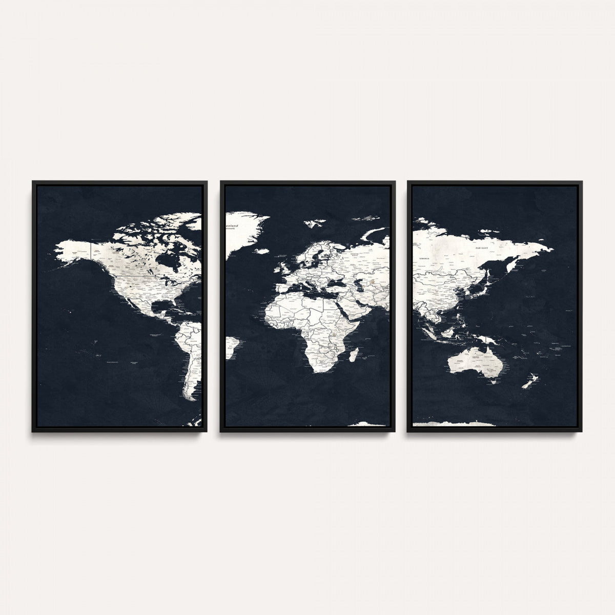 Black World Map Wall Art Canvas Print for Home Office and