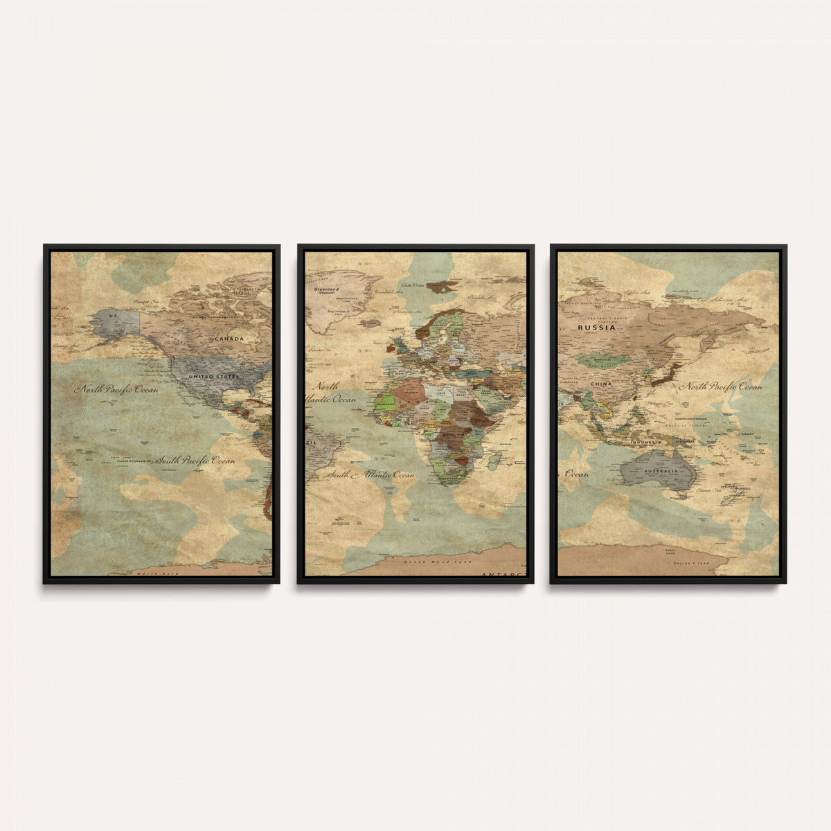 Vintage World Map Wall Art | Ready to Hang and Framed