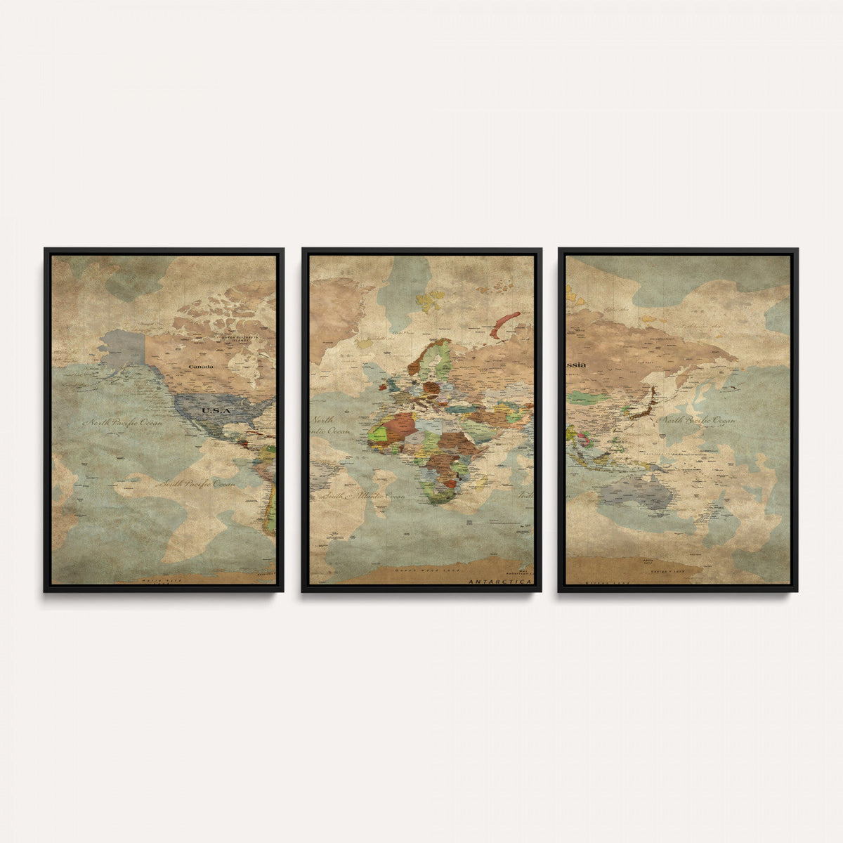 World Map Wall Art Canvas Print, Rustic Map Print, Framed