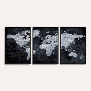 Black World Map Canvas Print – Detailed Map for Couples and