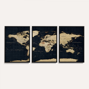 Dark World Map Canvas Wall Art Print, Minimal Black and Gold