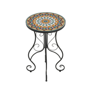 Round Ceramic Outdoor Side Table, Colorful + Black