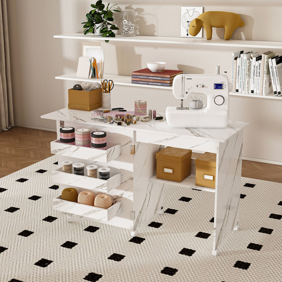 4 In 1 Folding Sewing Table With Lockable Wheels, Multi Functional Craft Station - White