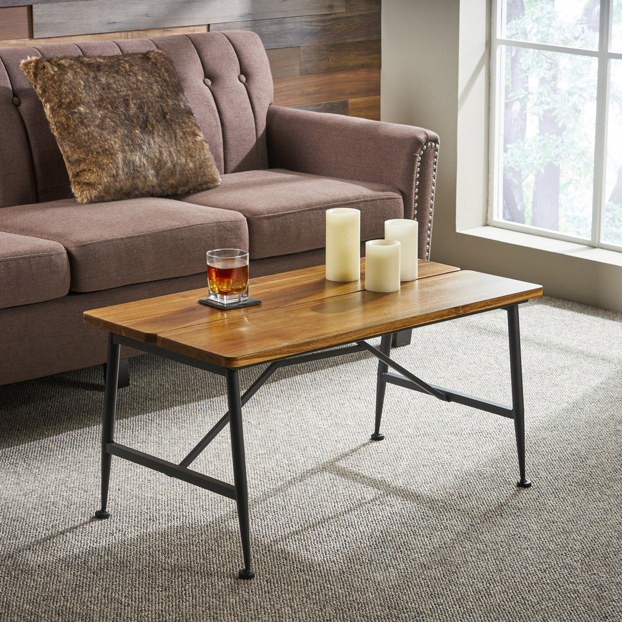 Rectangle Outdoor Coffee Table With Angled Tubular Legs And Wood Top - Black