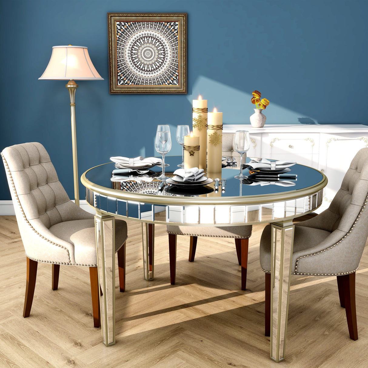 Round Glass Dining Table with Mirror Top