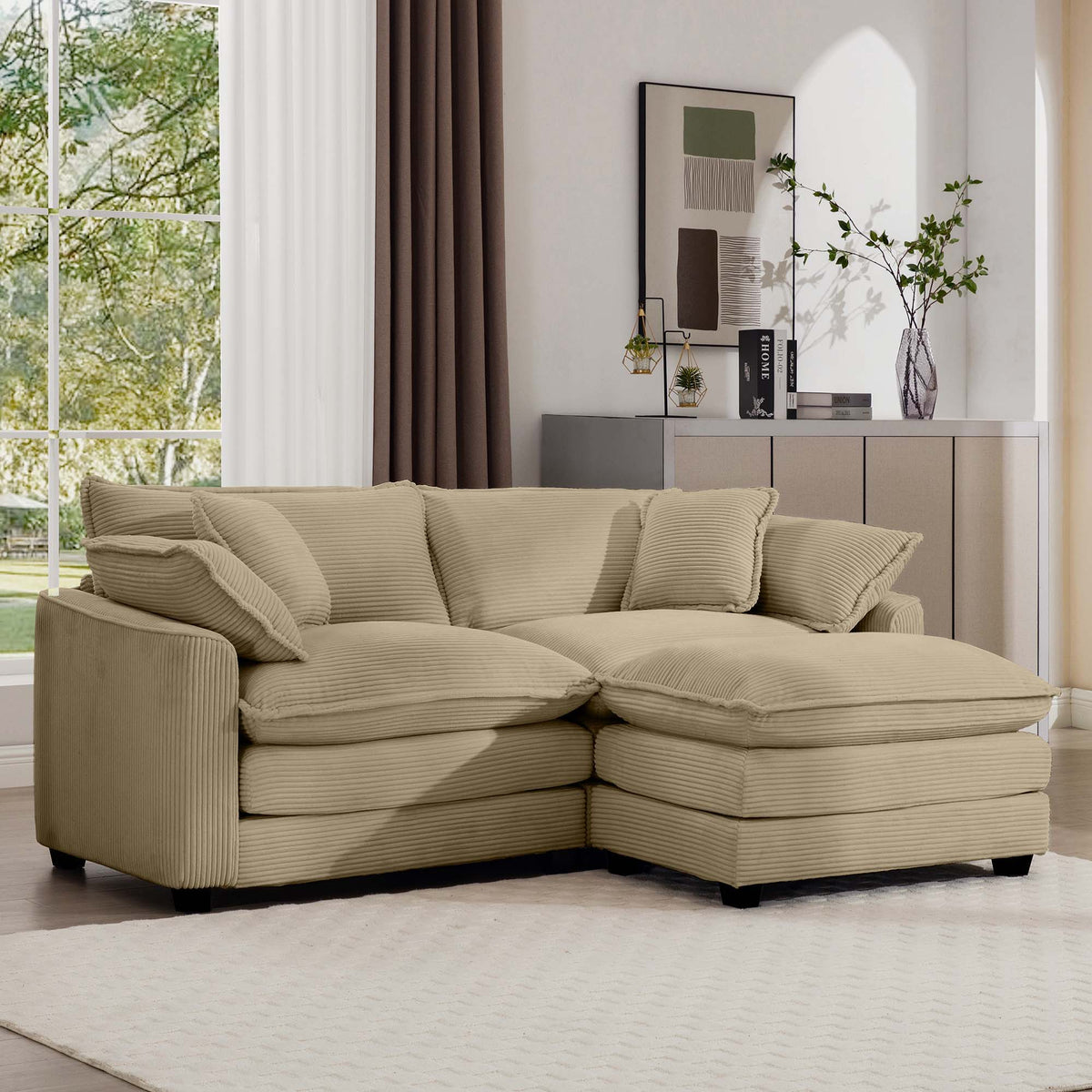 Modern Modular Cushion Sofa Set with Ottoman - Fabric, Multiple Colors