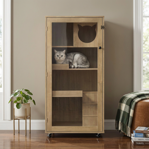 Basia Rubber Wood Cat Cabinet with Wheels